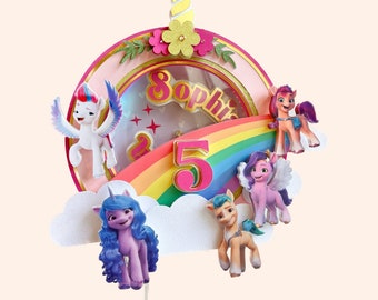 Personalized 3D Cake Topper| Unicorn Cake Topper| Girl Cake Topper, Spinner, Clouds, Rainbow, pony