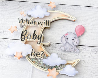 Gender Review Cake Topper| Gender-Neutral | Baby Shower| First Birthday| Nursery Moon & Stars| Elephant Boy Girl