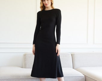 Black Elegant Dress, Ribbed Jersey Midi Dress in Black, Long Sleeve Dress, Black Party Dress