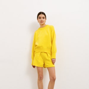 Hight Quality Handmade Organic Cotton Shorts and Jumper Set in Yellow, Hand-Knitted Knit Yellow Jumper Shorts Co-ord image 1