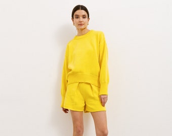 Hight Quality Handmade Organic Cotton Shorts and Jumper Set in Yellow, Hand-Knitted Knit Yellow Jumper Shorts Co-ord