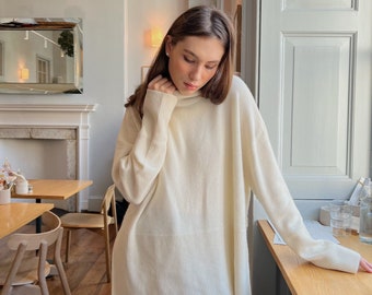 High Quality Handmade White High-Collar Cashmere Merino Wool Oversized-Fit Sweater, Cream Roll-Neck Jumper With Two Side Slits