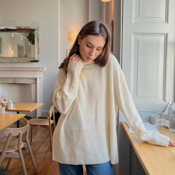 High Quality Handmade White High-Collar Cashmere Merino Wool Oversized-Fit Sweater, Cream Roll-Neck Jumper With Two Side Slits