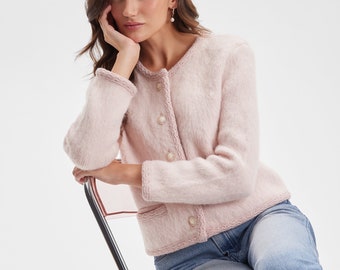 High-Quality Pink Mohair-Wool Blend Fluffy Cardigan, Rose Classic Old Money Jacket, Pink Cute Cardigan