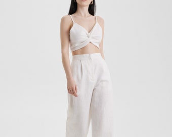 Summer White Linen Two Pieces Trousers Set, Women Linen Cotton Trousers Top Suit, Trousers and Top Wedding Guest Suit