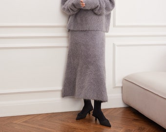 Hand-Knitted Grey Premium Alpaca Wool Long Maxi Fluffy Skirt, Handmade High Quality Mohair Wool Midi Skirt, Two Pieces Set Skirt