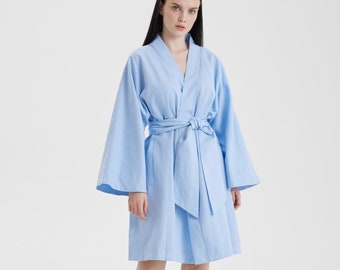 Blue Women's Wrap Linen Dress With Long Sleeves, Soft Linen Cotton Kimono, Summer Loose Linen Cotton Dress
