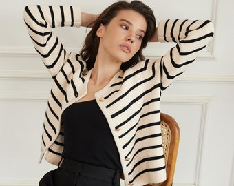 High Quality Cotton Knitted Striped Cardigan In Black, Black Cropped 100% Cotton Jacket