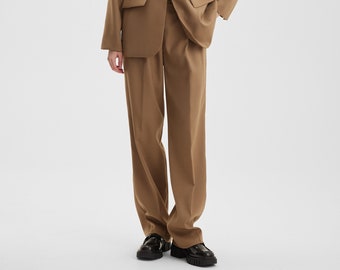 Straight-Leg Tailored Wool-Blend Trousers In Beige, High-Waisted Straight-Leg Trousers, Relaxed-Fit Pants