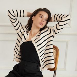 High Quality Cotton Knitted Striped Cardigan In Black, Black Cropped 100% Cotton Jacket