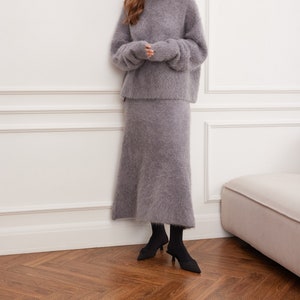 Hand-Knitted Grey Premium Alpaca Wool Long Maxi Fluffy Skirt, Handmade High Quality Mohair Wool Midi Skirt, Two Pieces Set Skirt