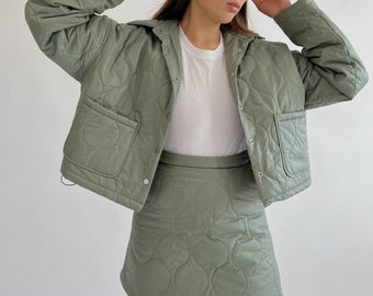 Green Quilted Jacket Mini Skirt Set, Y2K Bomber Jacket Women Suit, Korean Fashion Skirt Set