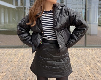Black Quilted Jacket Mini Skirt Set, Y2K Bomber Jacket Women Suit, Korean Fashion Skirt Set