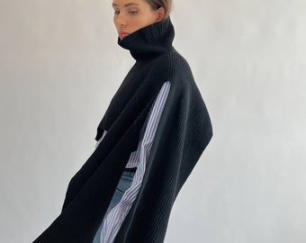 Handmade High Quality Asymmetrical High-Neck Wool Knitted Cape Scarf in Black, Women Wool-Blend Tunic, Open-Side Roll-Neck Vest Wrap