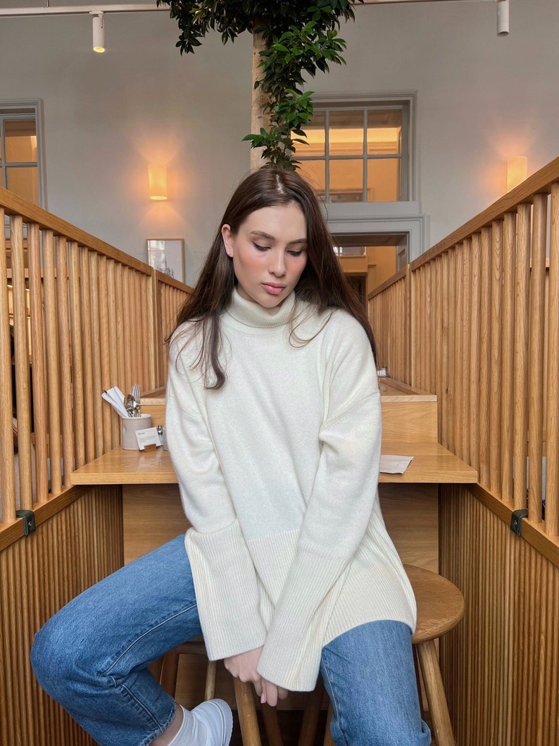 High Quality Handmade White High-Collar Cashmere Merino Wool Oversized-Fit Sweater, Cream Roll-Neck Jumper With Two Side Slits image 7