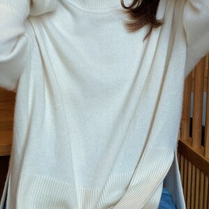 High Quality Handmade White High-Collar Cashmere Merino Wool Oversized-Fit Sweater, Cream Roll-Neck Jumper With Two Side Slits image 9