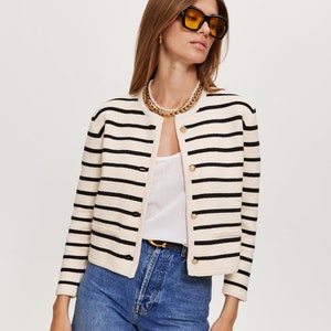 High Quality Cotton Knitted Striped Cardigan In Black, Black Cropped 100% Cotton Jacket image 10