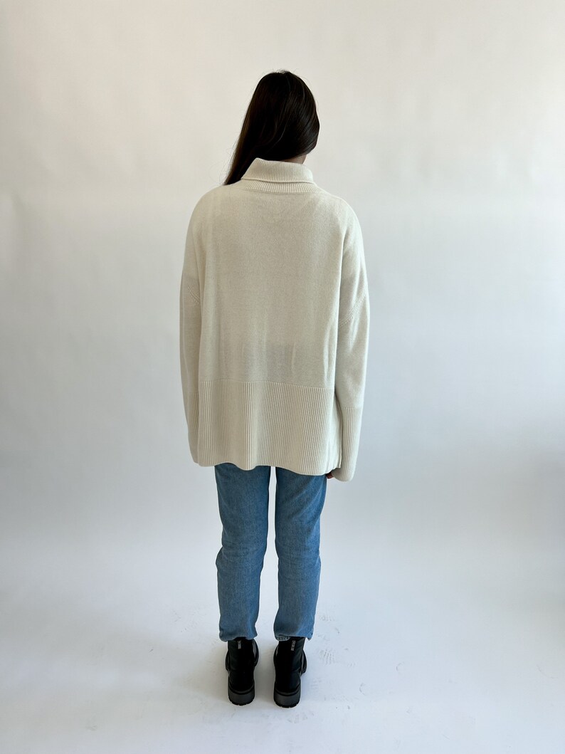 High Quality Handmade White High-Collar Cashmere Merino Wool Oversized-Fit Sweater, Cream Roll-Neck Jumper With Two Side Slits image 3