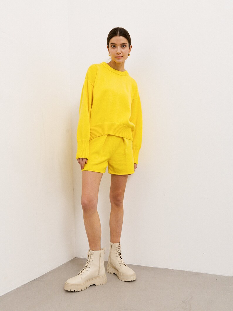 Hight Quality Handmade Organic Cotton Shorts and Jumper Set in Yellow, Hand-Knitted Knit Yellow Jumper Shorts Co-ord image 6