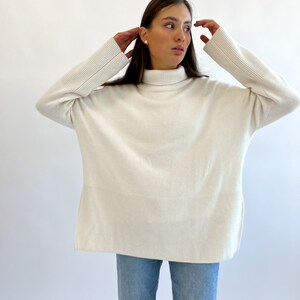 High Quality Handmade White High-Collar Cashmere Merino Wool Oversized-Fit Sweater, Cream Roll-Neck Jumper With Two Side Slits image 5