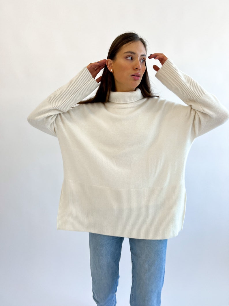 High Quality Handmade White High-Collar Cashmere Merino Wool Oversized-Fit Sweater, Cream Roll-Neck Jumper With Two Side Slits image 5