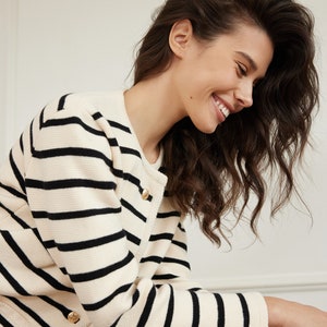 High Quality Cotton Knitted Striped Cardigan In Black, Black Cropped 100% Cotton Jacket image 3