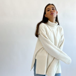 High Quality Handmade White High-Collar Cashmere Merino Wool Oversized-Fit Sweater, Cream Roll-Neck Jumper With Two Side Slits image 2