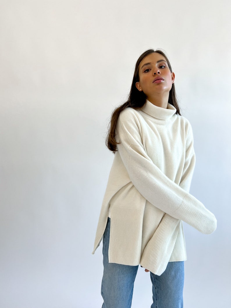 High Quality Handmade White High-Collar Cashmere Merino Wool Oversized-Fit Sweater, Cream Roll-Neck Jumper With Two Side Slits image 2