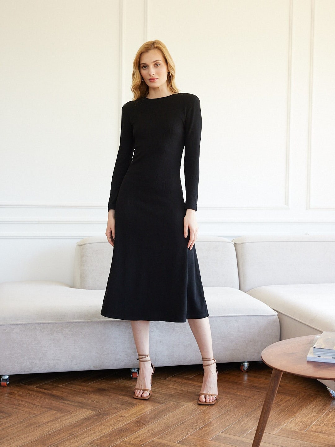 Black Elegant Dress, Ribbed Jersey Midi Dress in Black, Long Sleeve ...