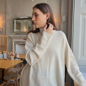 High Quality Handmade White High-Collar Cashmere Merino Wool Oversized-Fit Sweater, Cream Roll-Neck Jumper With Two Side Slits image 10