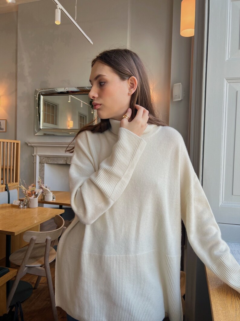 High Quality Handmade White High-Collar Cashmere Merino Wool Oversized-Fit Sweater, Cream Roll-Neck Jumper With Two Side Slits image 10