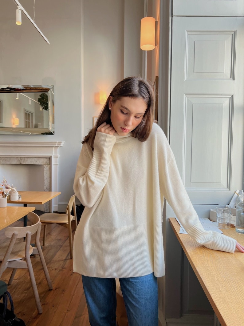 High Quality Handmade White High-Collar Cashmere Merino Wool Oversized-Fit Sweater, Cream Roll-Neck Jumper With Two Side Slits image 1