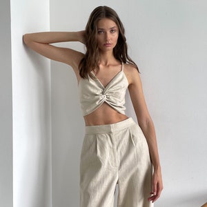 Summer Beige Linen Two Pieces Trousers Set, Women Linen Cotton Trousers Top Suit, Trousers and Top Wedding Guest Suit image 3