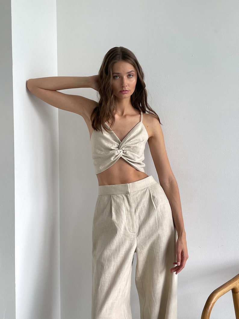 Summer Beige Linen Two Pieces Trousers Set, Women Linen Cotton Trousers Top Suit, Trousers and Top Wedding Guest Suit image 3