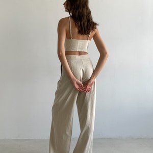 Summer Beige Linen Two Pieces Trousers Set, Women Linen Cotton Trousers Top Suit, Trousers and Top Wedding Guest Suit image 4