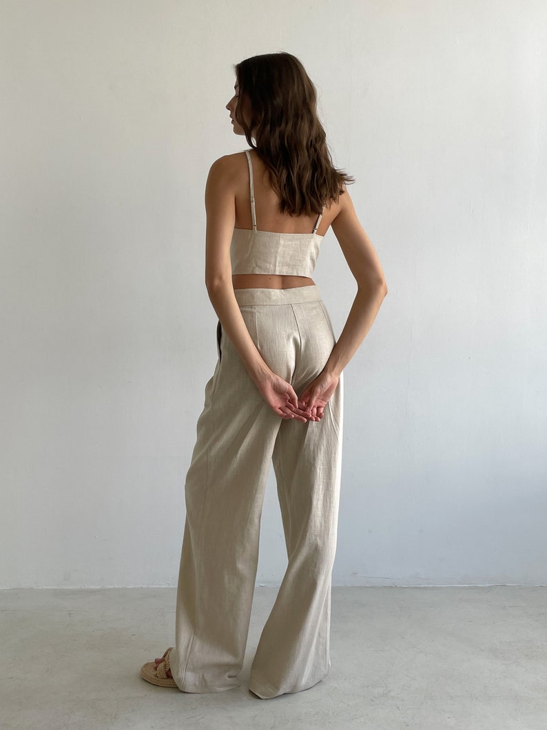 Summer Beige Linen Two Pieces Trousers Set, Women Linen Cotton Trousers Top Suit, Trousers and Top Wedding Guest Suit image 4