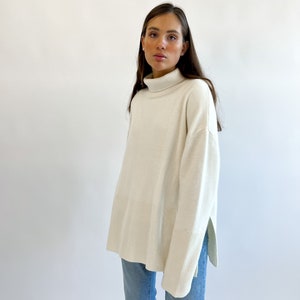 High Quality Handmade White High-Collar Cashmere Merino Wool Oversized-Fit Sweater, Cream Roll-Neck Jumper With Two Side Slits image 4