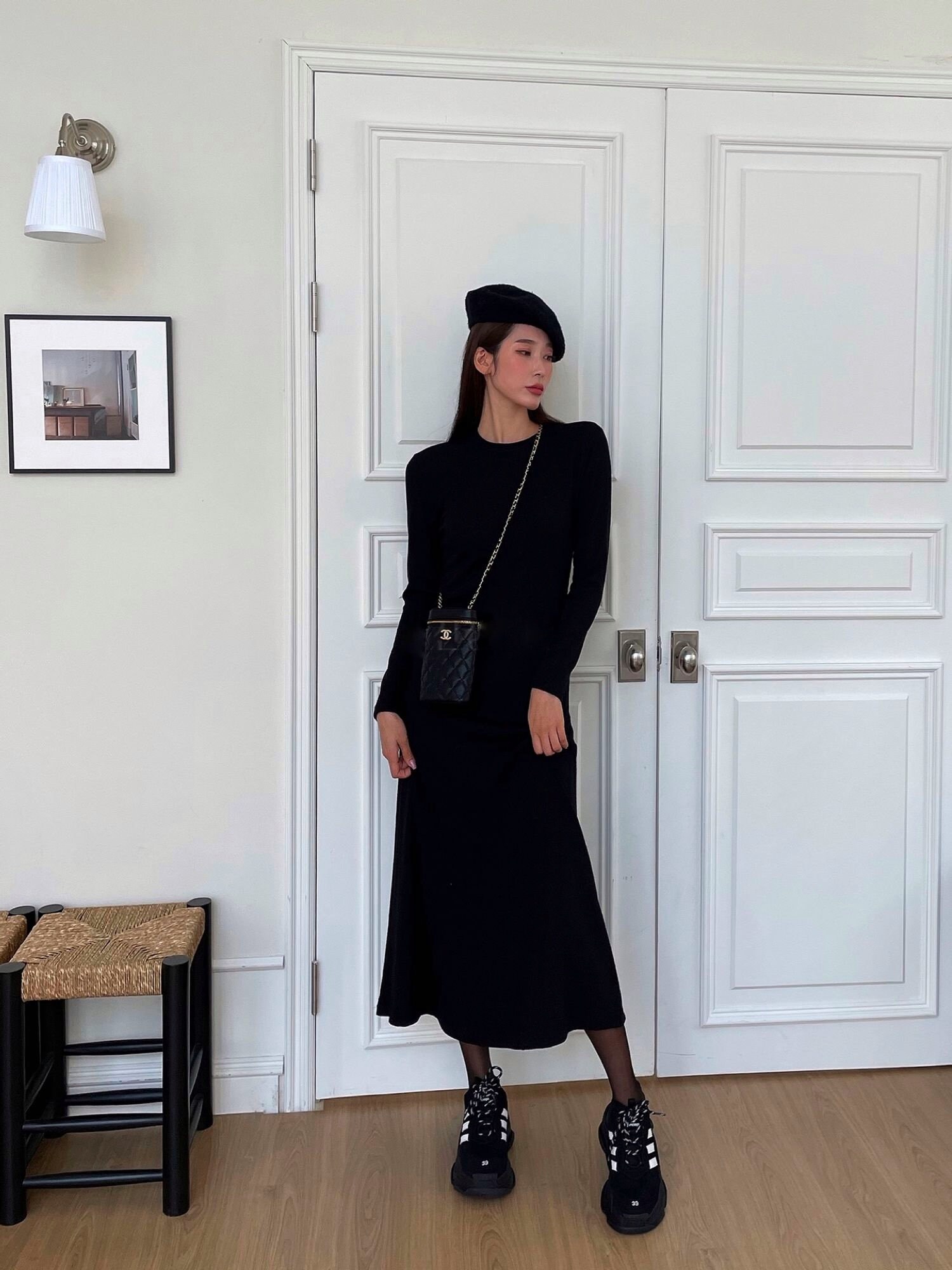Black Ribbed Midi Dress with Statement Front Patch