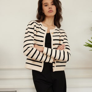 High Quality Cotton Knitted Striped Cardigan In Black, Black Cropped 100% Cotton Jacket image 2