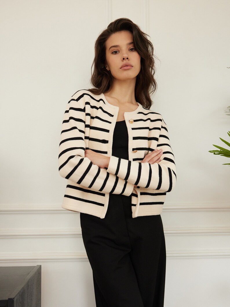 High Quality Cotton Knitted Striped Cardigan In Black, Black Cropped 100% Cotton Jacket image 2