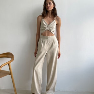 Summer Beige Linen Two Pieces Trousers Set, Women Linen Cotton Trousers Top Suit, Trousers and Top Wedding Guest Suit image 5