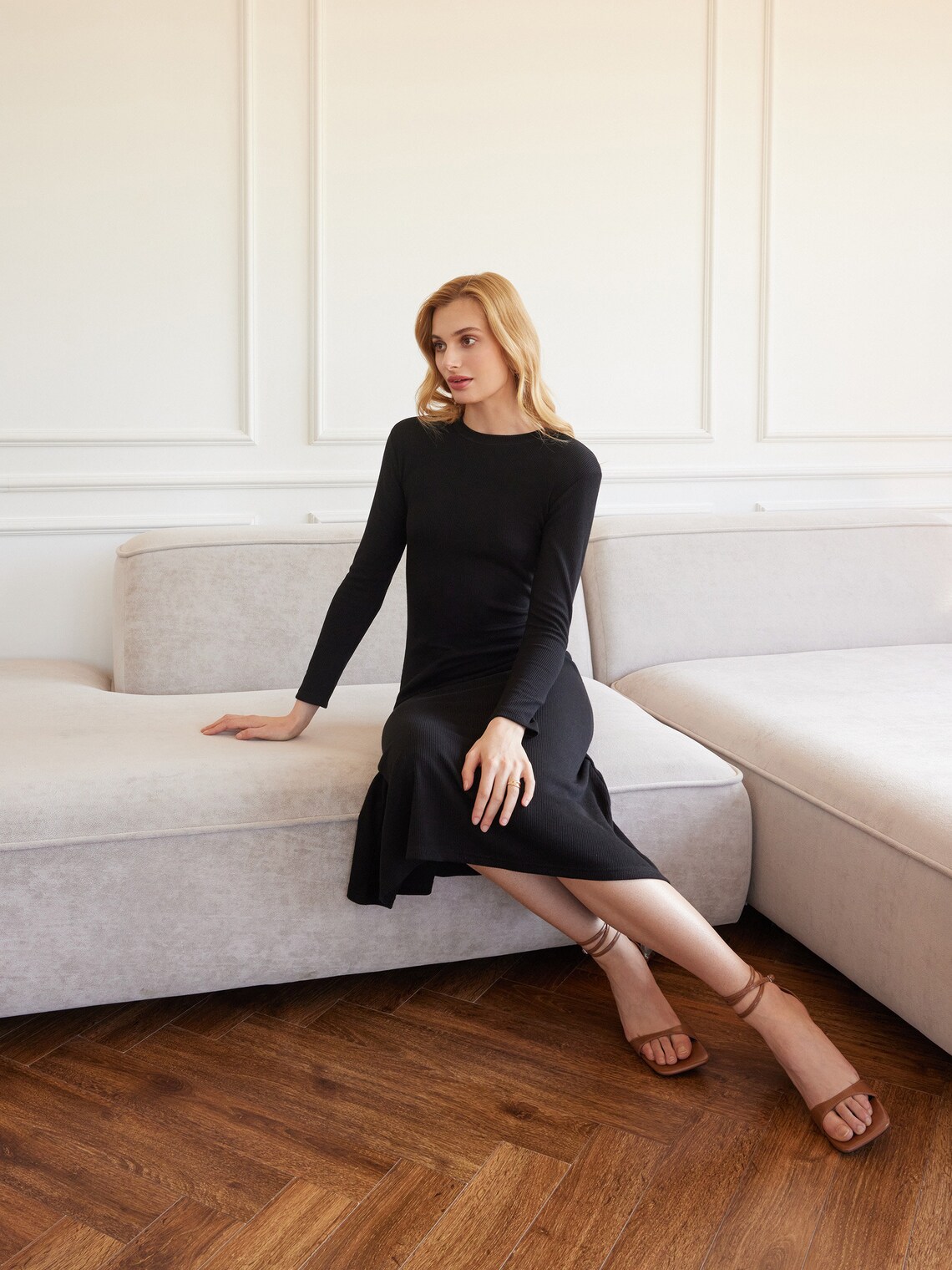 Black Elegant Dress Ribbed Jersey Midi Dress in Black Long - Etsy