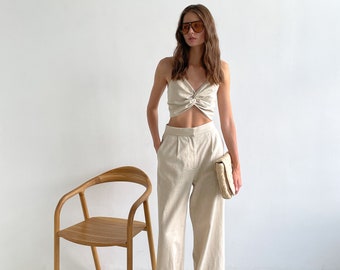 Summer Beige Linen Two Pieces Trousers Set, Women Linen Cotton Trousers Top Suit, Trousers and Top Wedding Guest Suit