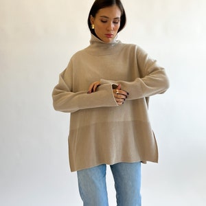 High Quality Handmade Beige High-Collar Cashmere Merino Wool Oversized-Fit Sweater, Beige Roll-Neck Jumper With Two Side Slits