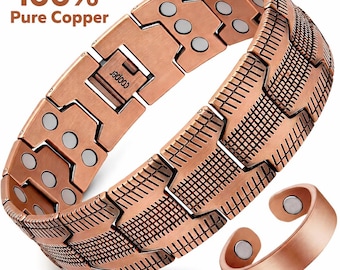 100% Pure Copper Magnetic Bracelet and Ring Set | Heavy Duty Solid Copper | Adjustable Healing Bracelet Gift, Gift for Him