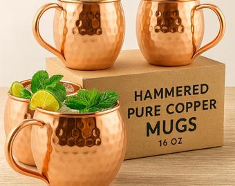 India House Lot De 4 Tasses Moscow Mule En Cuivre Massif 100% – Poignées Laiton Martelé + Pailles & Sous-Verres Offerts