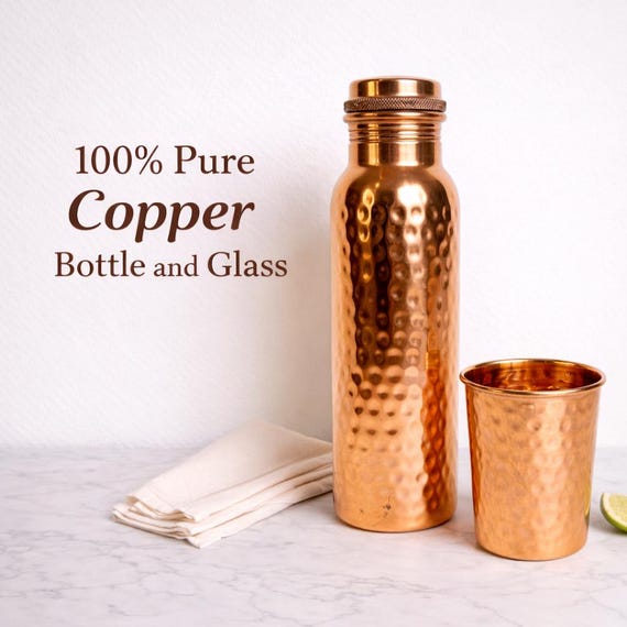 Ayurveda 100% Pure Copper Water Bottle, 34 oz Handmade Texture Copper Bottle for Daily Hydration, Reusable, Yoga Wellness, Housewarming Gift