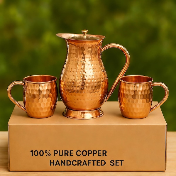 100% Pure Copper Pitcher, Hammered Water Jug With Lid, Copper Carafe 2Ltr-70oz Capacity Jug, Table Décor & Luxury Gifting