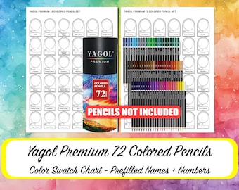 May include: A printable color swatch chart for 72 colored pencils. The chart features prefilled names and numbers for each color. The chart is designed to be used with a set of 72 colored pencils, but the pencils are not included.