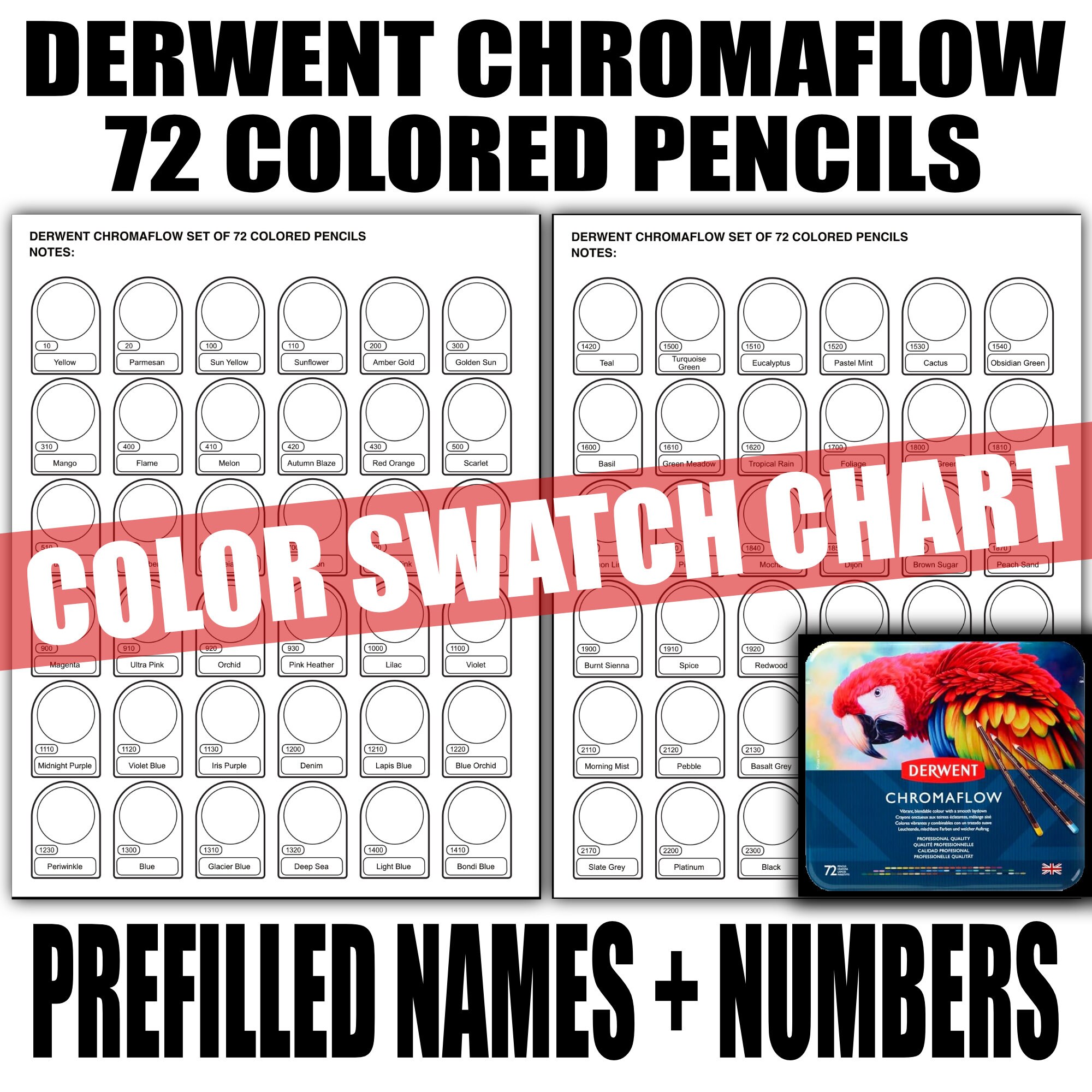 Soucolor 72 Colored Pencils Color Chart Swatch Prefilled W/ Numbers Artist  Reference Printable Adult Coloring Resource PDF 2 Pages 